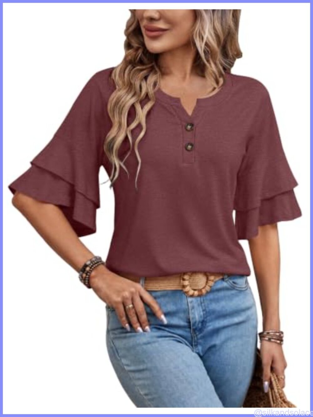 Women's Henley Blouse V Neck Button Down Ruffle Bell Sleeve Tunic Top